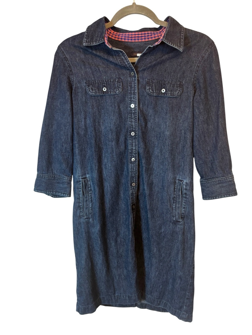 Talbots Dark Blue Denim Shirt Dress pockets 100% cotton fits Size Small